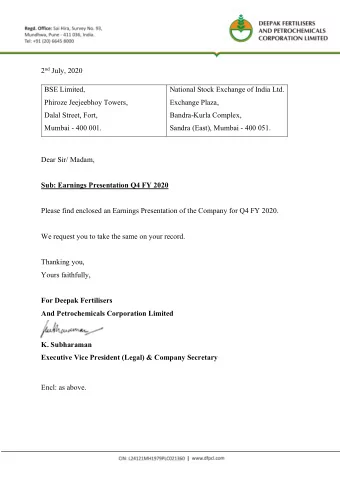 2 nd July, 2020  BSE Limited,  National Stock Exchange of India Ltd.  Phiroze Jeejeebhoy Towers,