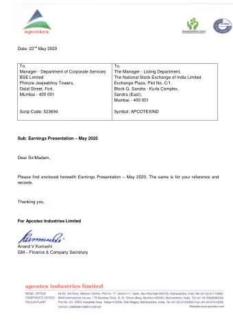 Date: 22 nd May 2020  To,  To,  Manager - Department of Corporate Services  The Manager - Listing