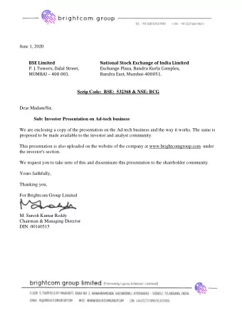 June 1, 2020 BSE Limited National Stock Exchange of India Limited  P. J. Towers, Dalal Street,