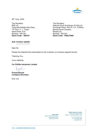 26 th June, 2020  The Secretary  The Secretary  BSE Ltd.  National Stock Exchange of India Ltd.