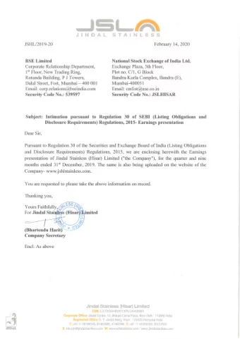 Stainless  (Hisar) Limited  Q3 &amp; 9M FY20 Earnings Presentation  February 14, 2020  Disclaimer