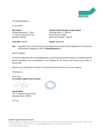 ICFL/LS/0053/2020-21  17 June 2020  BSE Limited  National Stock Exchange of India Limited Listing