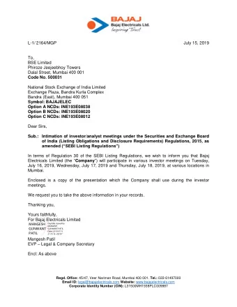 L-1/ 2164/MGP  July 15, 2019  To,  BSE Limited  Phiroze Jeejeebhoy Towers  Dalal Street, Mumbai 400