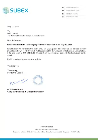 May 12, 2020  To  BSE Limited  The National Stock Exchange of India Limited  Dear Sir/Madam,  Sub: