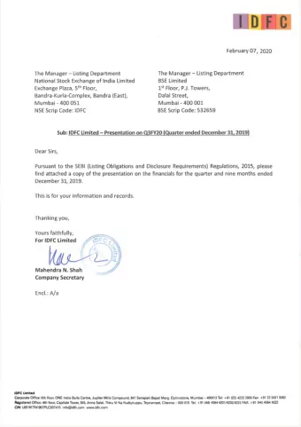 c  I D  February 07, 2020 The Manager- Listing Department The Manager- Listing Department National