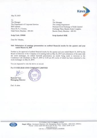 Keva,  May 23, 2019  To  To  The Manager  The Manager  The Department of Corporate Services  The