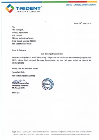 TRIDENT  TEXOFAB  LIMITED  H2FY19 Earnings Presentation  BSE: TTFL  Bloomberg: TTFLTD:IN  May 2019