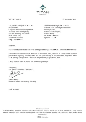 TITAN  COMP/\NY 5 th November 2019 SEC 58 / 2019-20  The General Manager, DCS - CRD  The