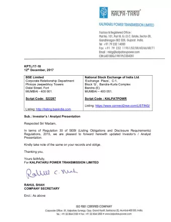 Kalpataru Power Transmission Limited  Investor Presentation  Disclaimer  This presentation may