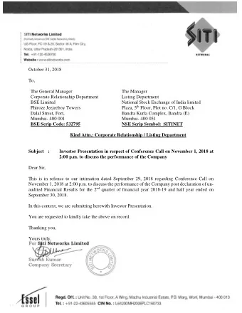 October 31, 2018  To,  The General Manager  The Manager  Corporate Relationship Department  Listing