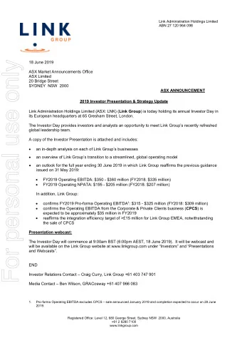 For personal use only  18 June 2019  ASX Market Announcements Office  ASX Limited  20 Bridge Street