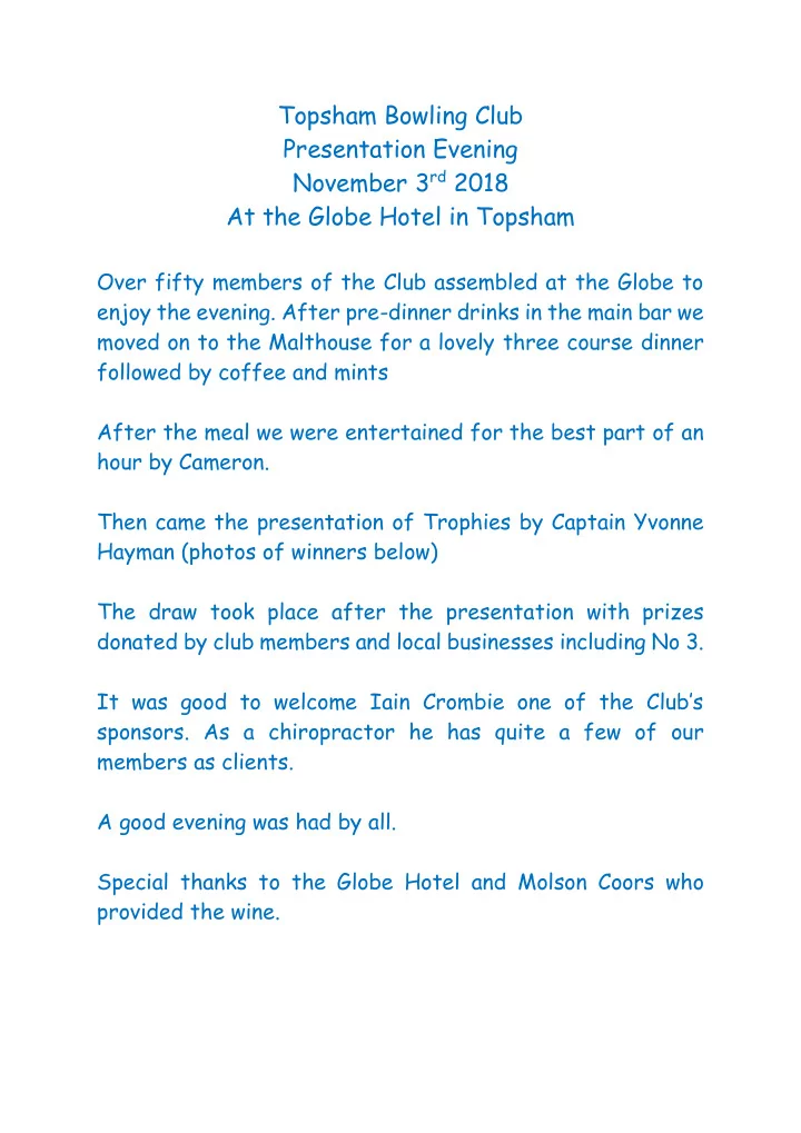 topsham bowling club presentation evening november 3 rd