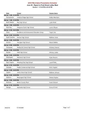 2018 FBLA Sales Presentation Schedule  June 29 - Report to Pratt Street Lobby West  Section 1 -