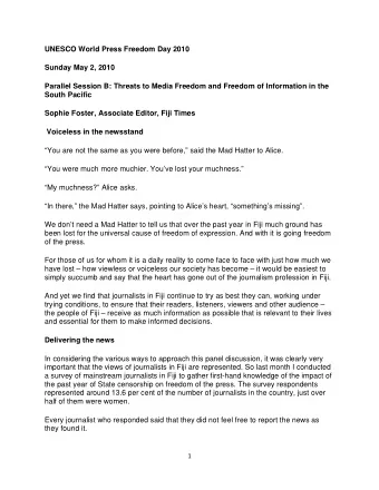 Parallel Session B: Threats to Media Freedom and Freedom of Information in the South Pacific Sophie