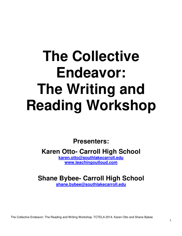 the collective endeavor the writing and reading workshop