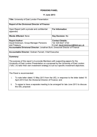 PENSIONS PANEL  11 June 2013 Title: University of East London Presentation  Report of the