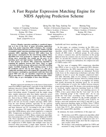 A Fast Regular Expression Matching Engine for  NIDS Applying Prediction Scheme  Lei Jiang  Qiong