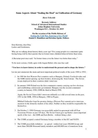 Some Aspects About  Sealing the Deal  on Unification of Germany  Horst Teltschik Keynote