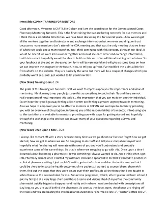 Intro Slide CCPMN TRAINING FOR MENTORS Good afternoon. My name is CAPT Lillie Golson and I am the