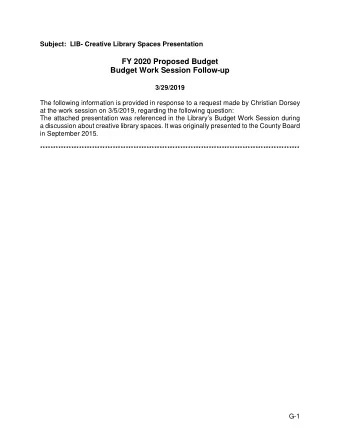 FY 2020 Proposed Budget  Budget Work Session Follow-up  3/29/2019  The following information is