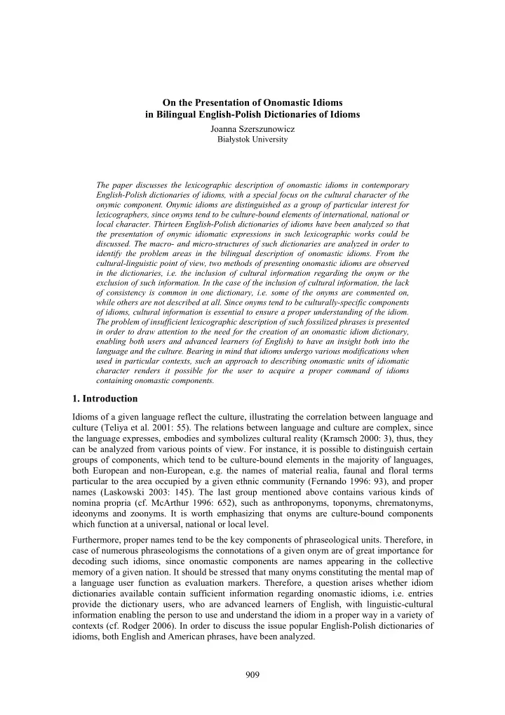 on the presentation of onomastic idioms in bilingual