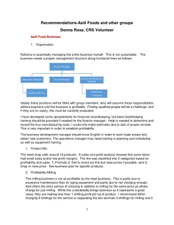 Recommendations-Asili Foods and other groups  Donna Rosa, CRS Volunteer  Asili Food Business  1.