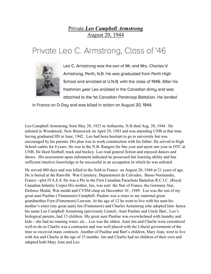 private leo campbell armstrong august 20 1944