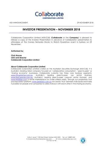 INVESTOR PRESENTATION  NOVEMBER 2018 Collaborate Corporation Limited (ASX:CL8) ( Collaborate or