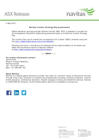 4 April 2017 Navitas I nvestor Strategy Day presentation  Global education services provider