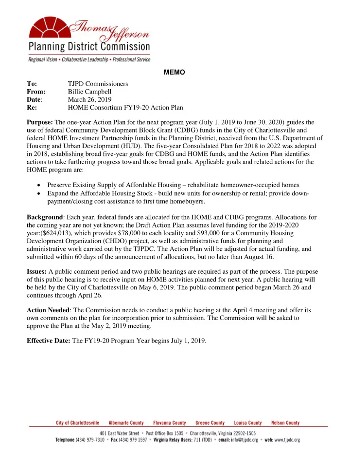memo to tjpd commissioners from billie campbell date