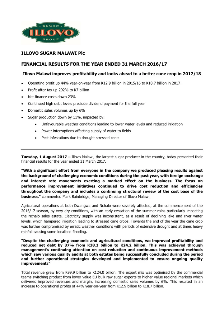 illovo sugar malawi plc financial results for the year