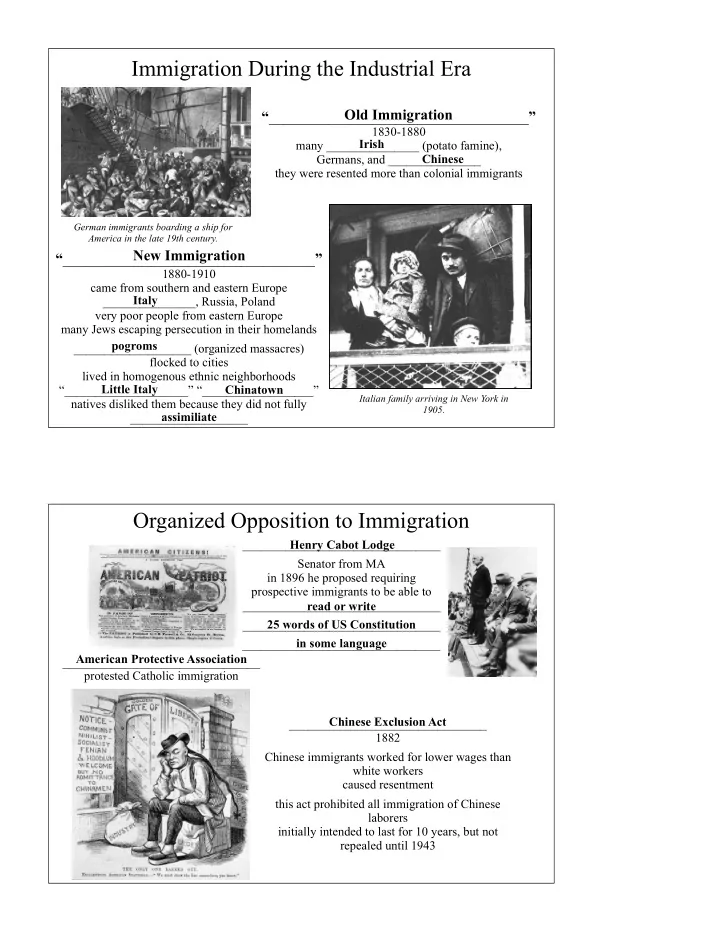 immigration during the industrial era