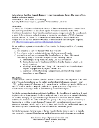 Saskatchewan Certified Organic Farmers versus Monsanto and Bayer: The issues of loss,  liability