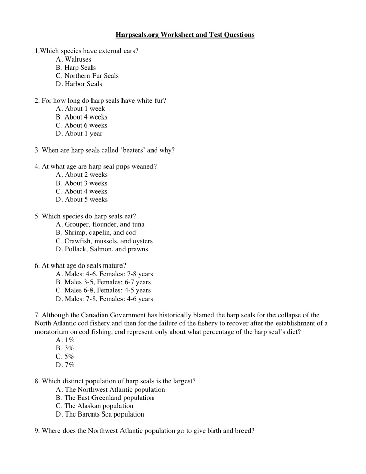 harpseals org worksheet and test questions 1 which