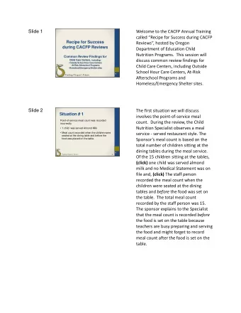 Slide 1  Welcome to the CACFP Annual Training  called Recipe for Success during CACFP  Recipe