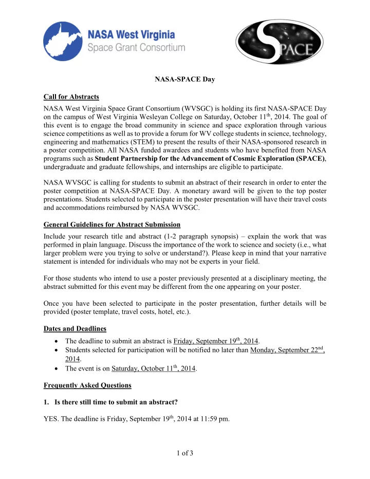 nasa space day call for abstracts nasa west virginia