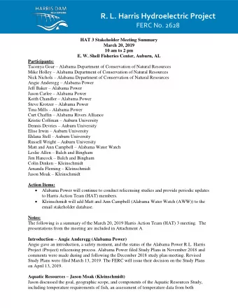 R. L. Harris Hydroelectric Project FERC No. 2628  HAT 3 Stakeholder Meeting Summary  March 20, 2019