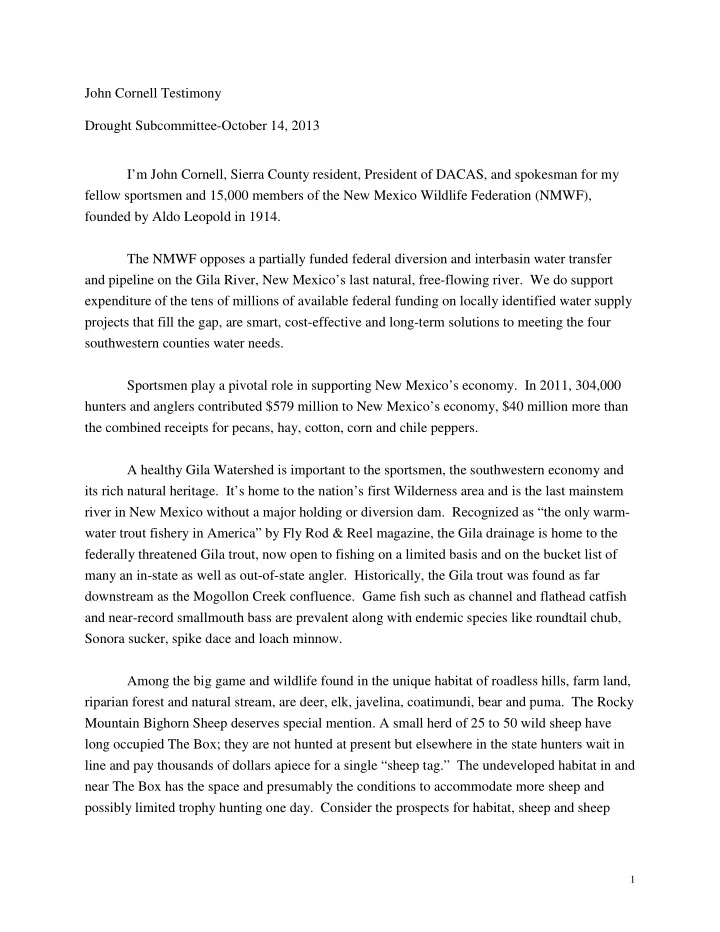 john cornell testimony drought subcommittee october 14