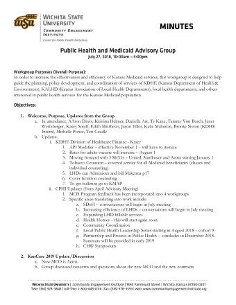 MINUTES  Public  lic H  Healt  lth and Me  Medic  icaid  id Ad  Advi  visor  ory G  Grou  oup  Ju