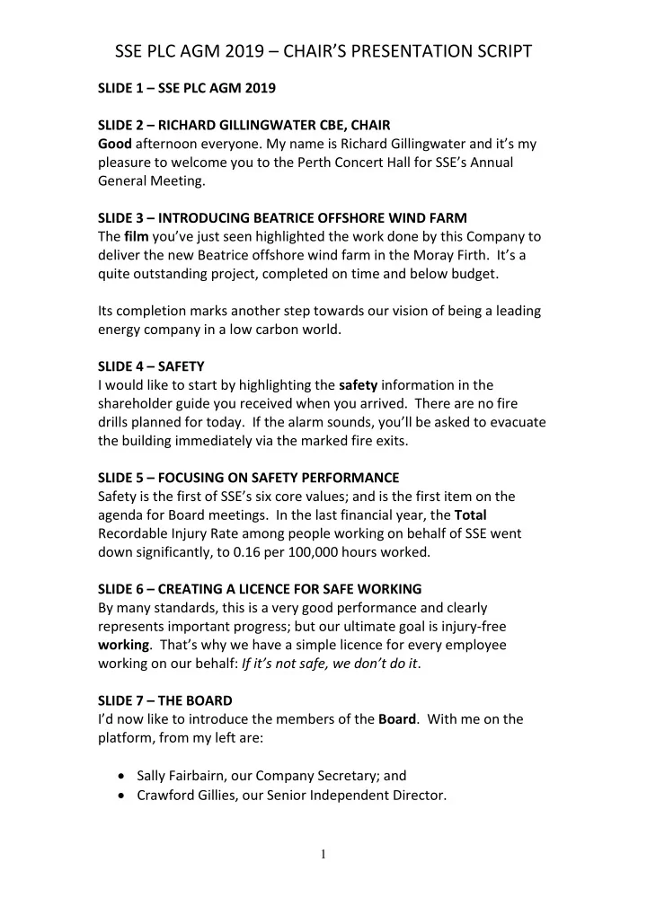 sse plc agm 2019 chair s presentation script