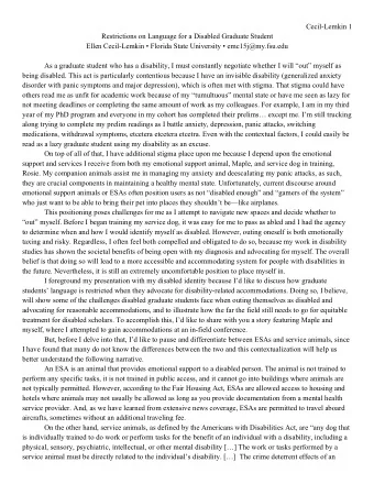 Cecil-Lemkin 1  Restrictions on Language for a Disabled Graduate Student  Ellen Cecil-Lemkin