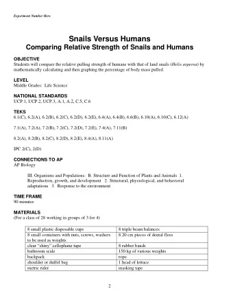 Snails Versus Humans  Comparing Relative Strength of Snails and Humans  OBJECTIVE Students will