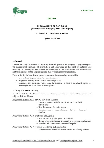 D1 - 00  SPECIAL REPORT FOR SC D1  (Materials and Emerging Test Techniques)  C. Franck, L.
