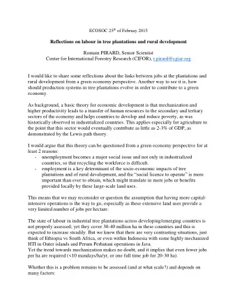 Reflections on labour in tree plantations and rural development  Romain PIRARD, Senior Scientist