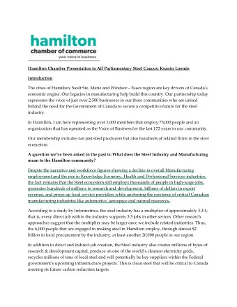 Hamilton Chamber Presentation to All Parliamentary Steel Caucus: Keanin Loomis  Introduction The