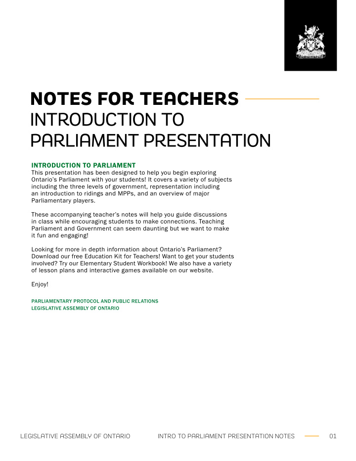 notes for teachers introduction to parliament presentation
