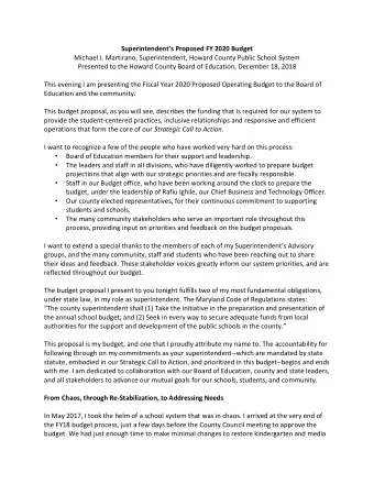 Superintendents Proposed FY 2020 Budget  Michael J. Martirano, Superintendent, Howard County