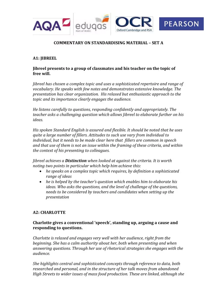 commentary on standardising material set a a1 jibreel