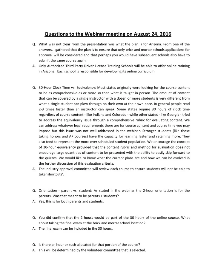 questions to the webinar meeting on august 24 2016