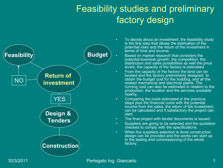 feasibility studies and preliminary factory design
